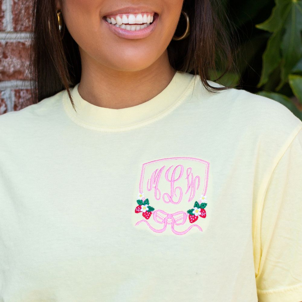 Monogrammed 'Strawberry Bow Crest' T-Shirt - United Monograms