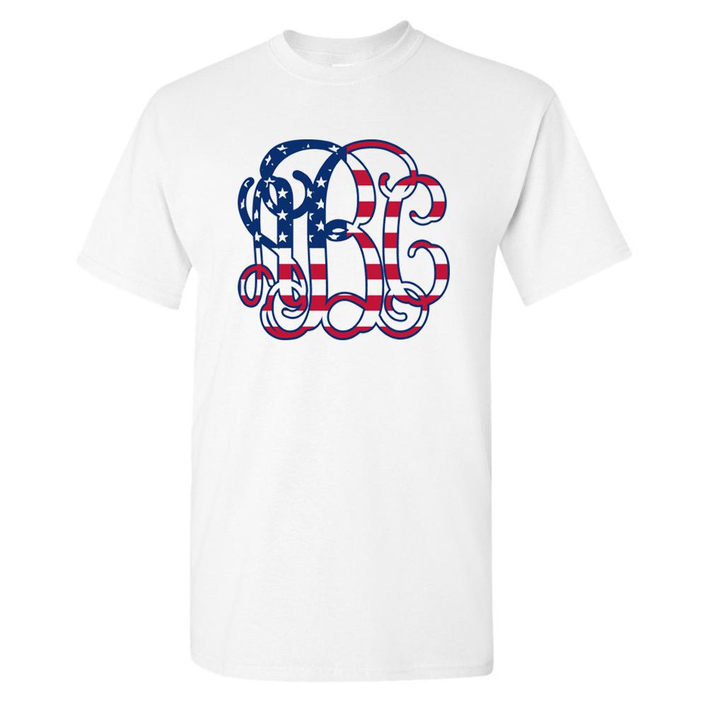 Monogrammed 'Vine American Flag' Big Print Basic T-Shirt - United Monograms