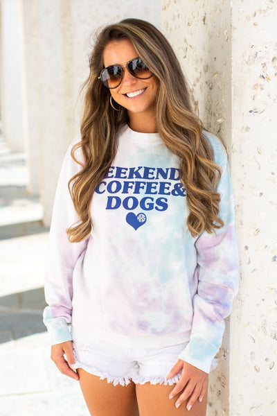 Monogrammed 'Weekend & Coffee & Dogs' Tie Dye Crewneck Sweatshirt - United Monograms