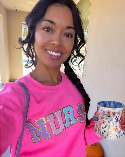 Nurse Colorful Letter Patch Crewneck Sweatshirt - United Monograms