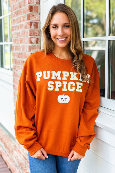 Pumpkin Spice Letter Patch Crewneck Sweatshirt - United Monograms