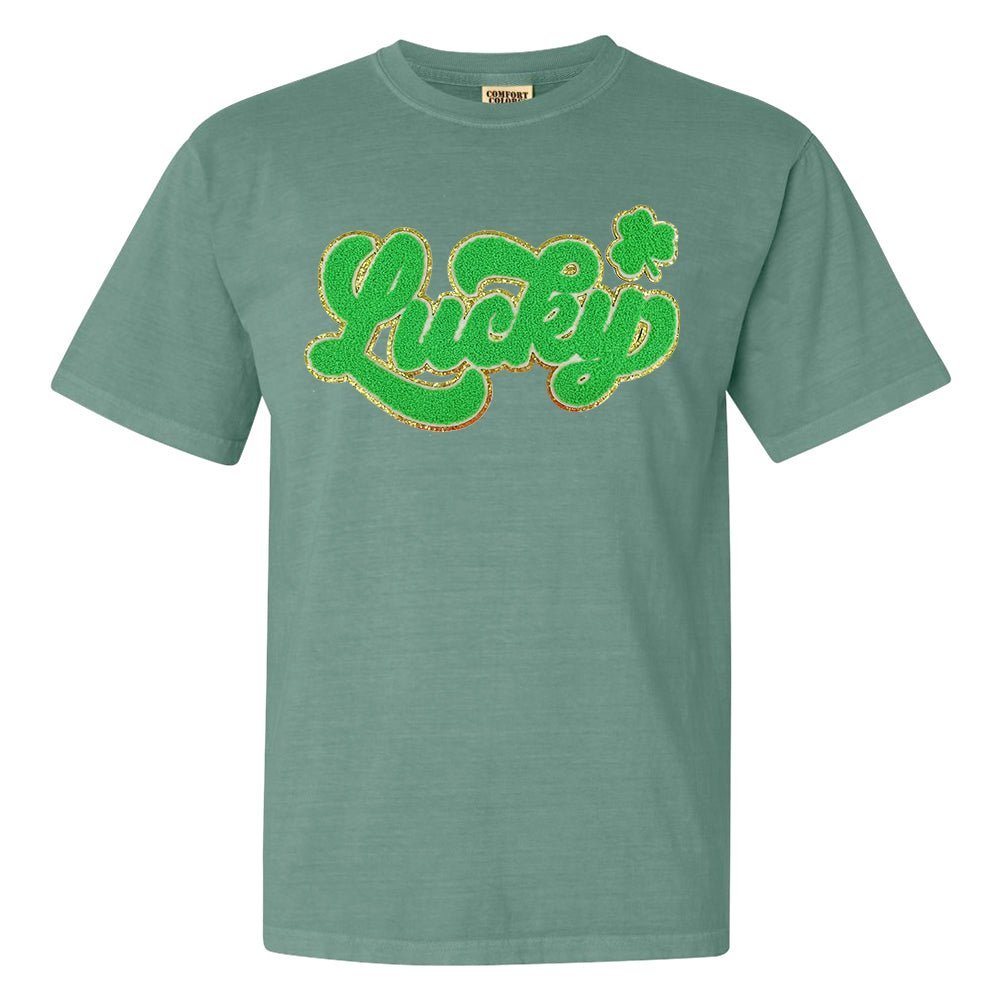 Script Bright Green Lucky Letter Patch Comfort Colors T - Shirt - United Monograms