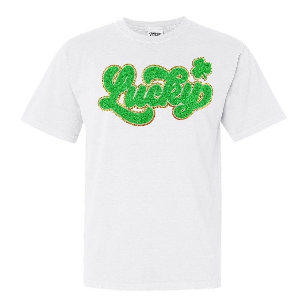Script Bright Green Lucky Letter Patch Comfort Colors T - Shirt - United Monograms