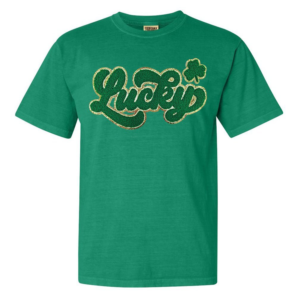 Script Dark Green Lucky Letter Patch Comfort Colors T - Shirt - United Monograms