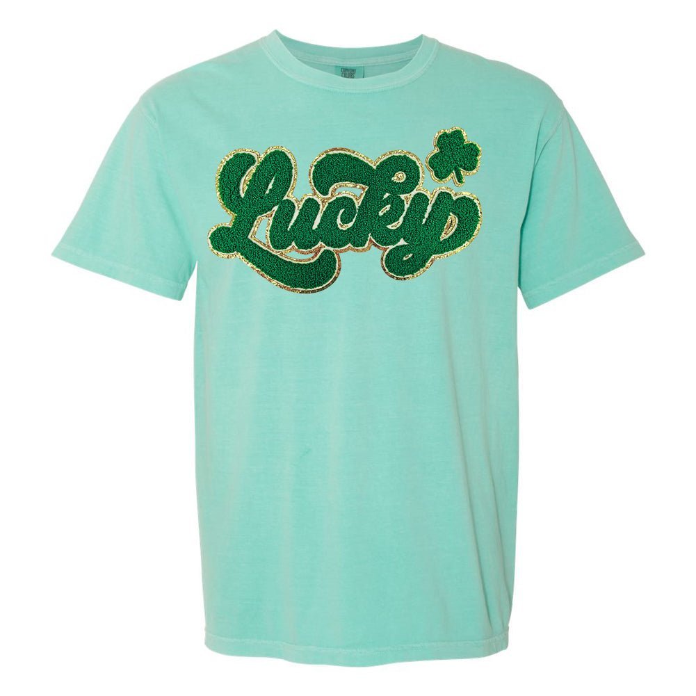 Script Dark Green Lucky Letter Patch Comfort Colors T - Shirt - United Monograms