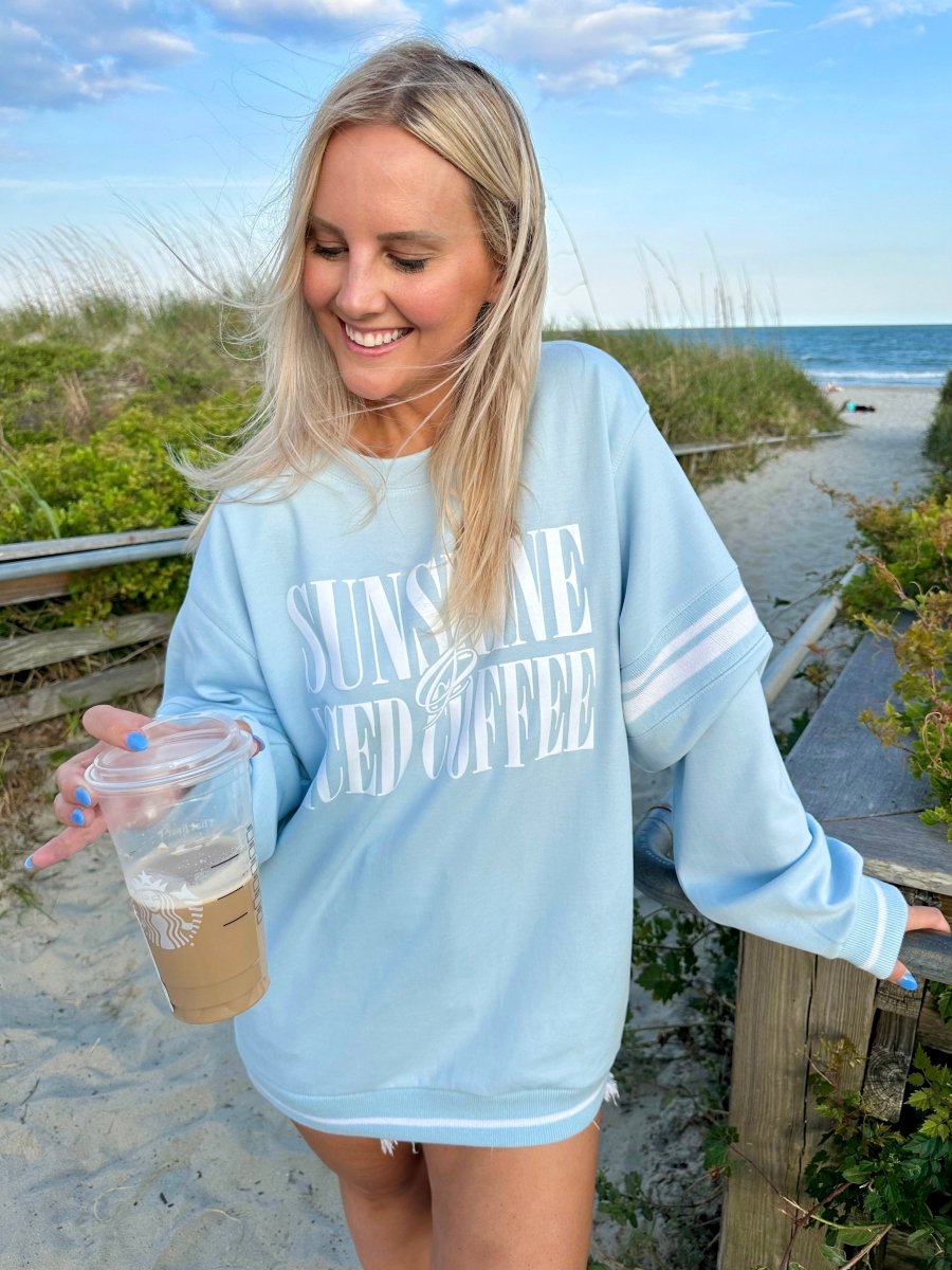 'Sunshine & Iced Coffee' PUFF Stripe Crewneck Sweatshirt - United Monograms