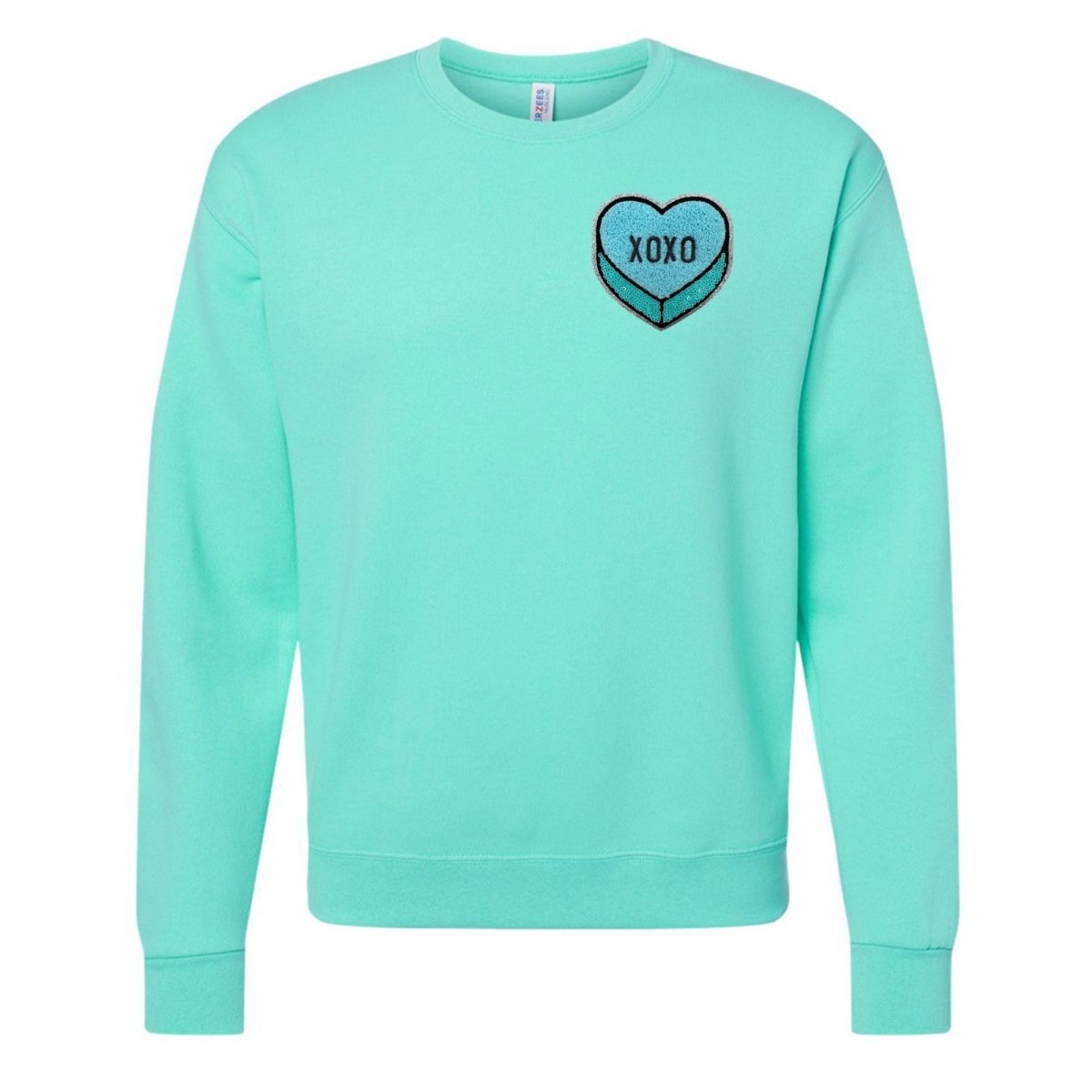 'Tiffany Blue XOXO Candy Heart' Letter Patch Crewneck Sweatshirt - United Monograms