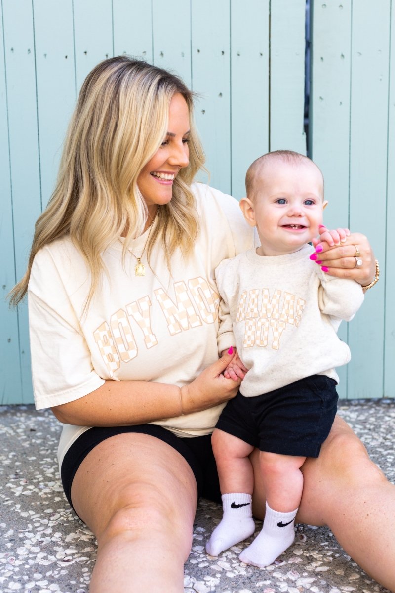 Toddler 'Mini/Mama's Boy Tan Check' Crewneck Sweatshirt - United Monograms